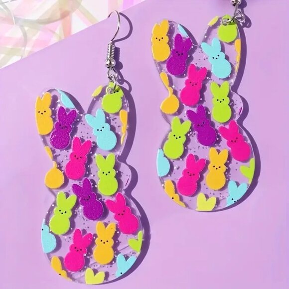 #15 Easter Bunny PEEPS Acrylic Earrings, Cartoon Style Double-Sided Rabbit Print - Picture 1 of 2